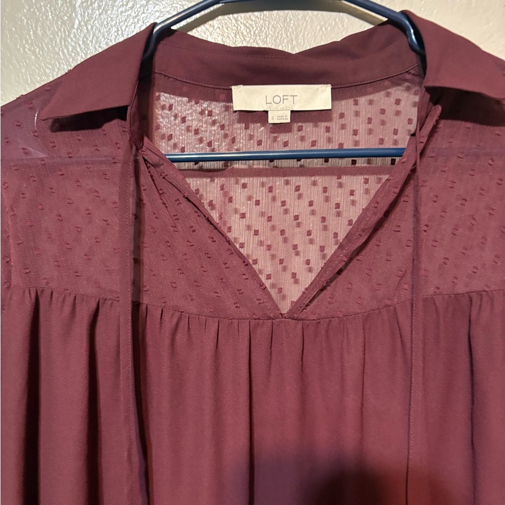 LOFT Burgundy Sheer Dotted-Yoke Long-Sleeve Peasant Top Size S - Picture 2 of 11
